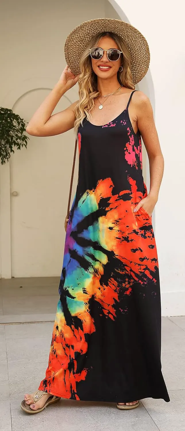 Floral Spaghetti Strap Maxi Dress with Pockets