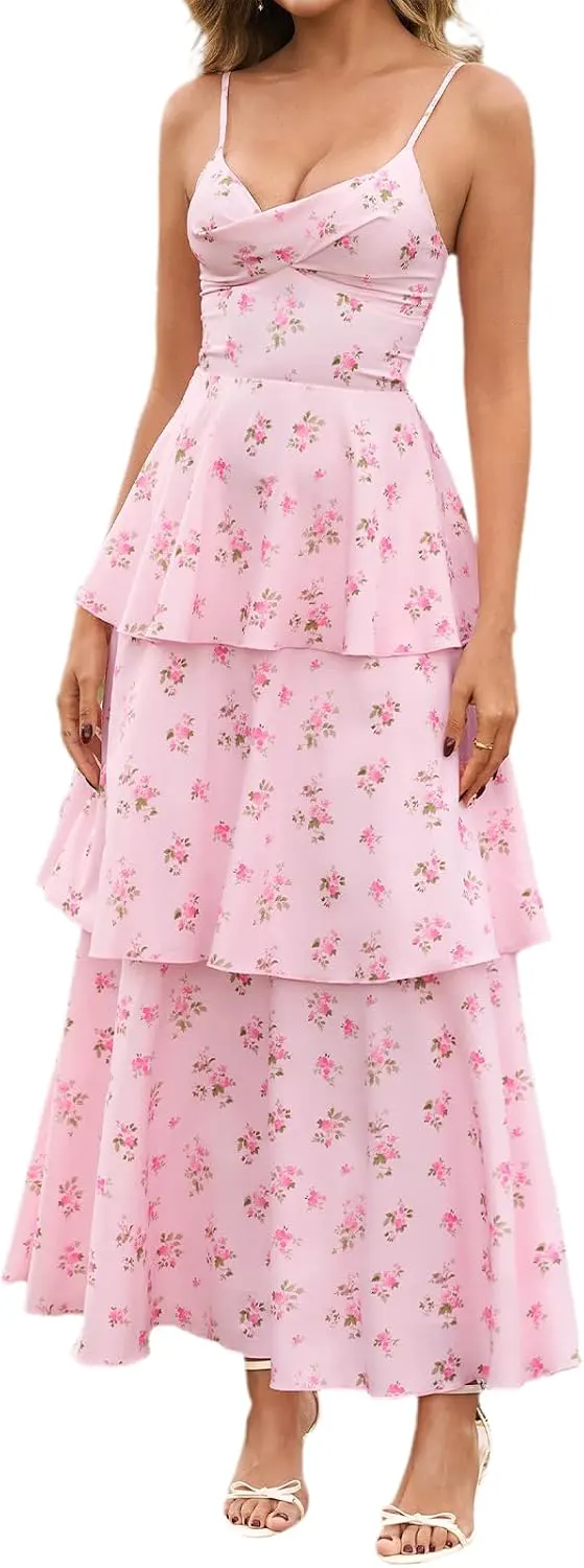 Floral Ruffle Tiered Backless Maxi Wedding Guest Dress