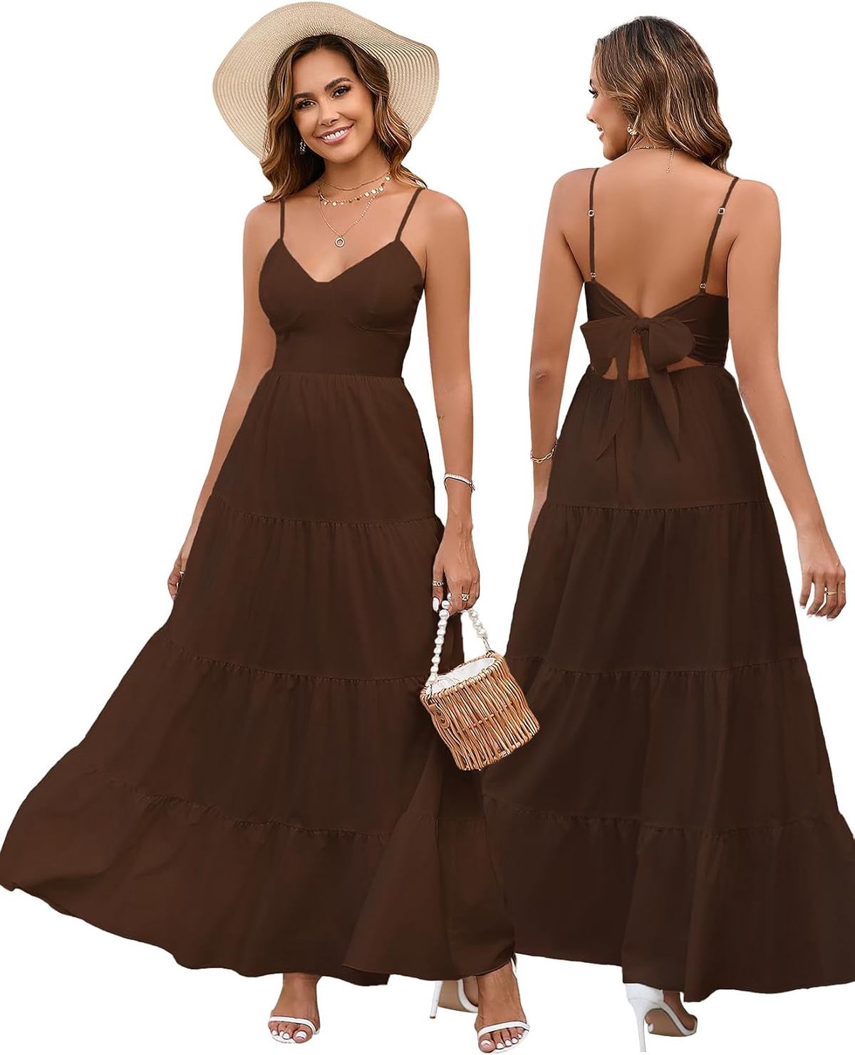 Women's Floral Boho Maxi Sundress - V Neck Back Bow Tie Spaghetti Strap Flowy A Line Long Dress