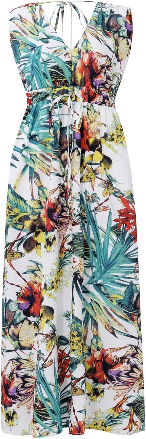 Boho Floral Print V Neck Sleeveless Chiffon Maxi Dress