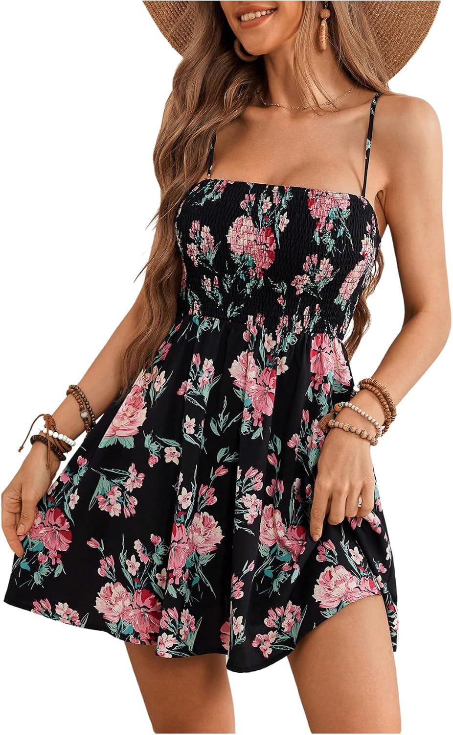 Boho Floral Print Ruched Bust Cami Mini Dress