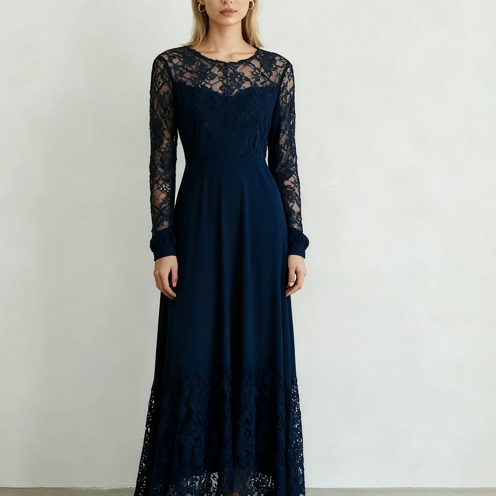 Custom Wholesale Plus Size Evening Party Women Fashion Dress Hollow-out Solid Color Lace Chiffon Patchwork Casual Dress