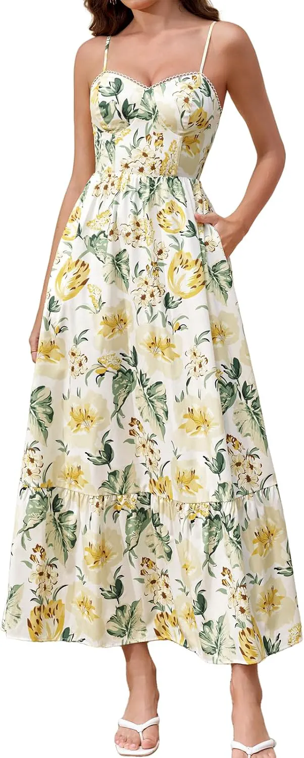 Floral Corset Maxi Dress with Pockets