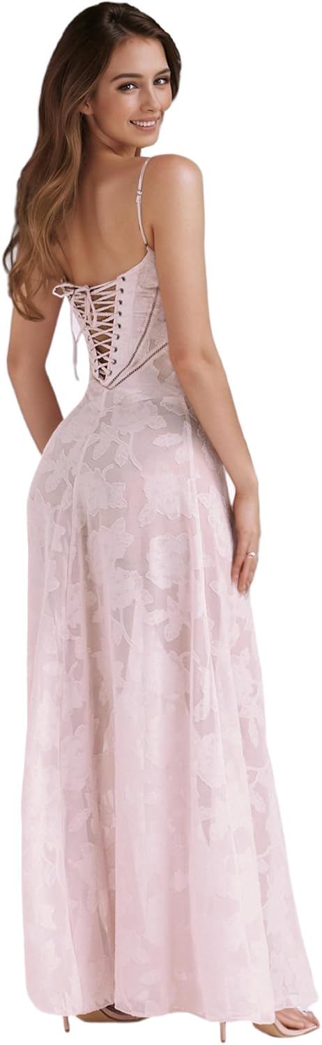 Floral Lace Sweetheart Neck Maxi Dress - Sleeveless Spaghetti Strap Lace-Up Back Wedding Guest Dress