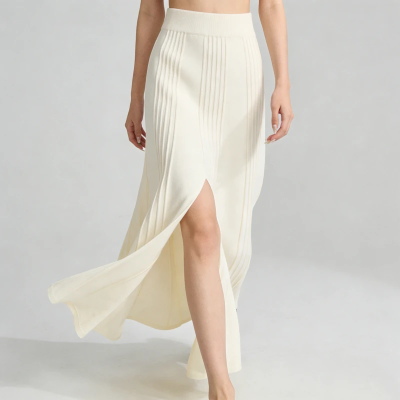 Elegant Ivory Knit Vertical Ribbed Pleated High Waist Side Slit Flowy Maxi Casual Daily Skirts