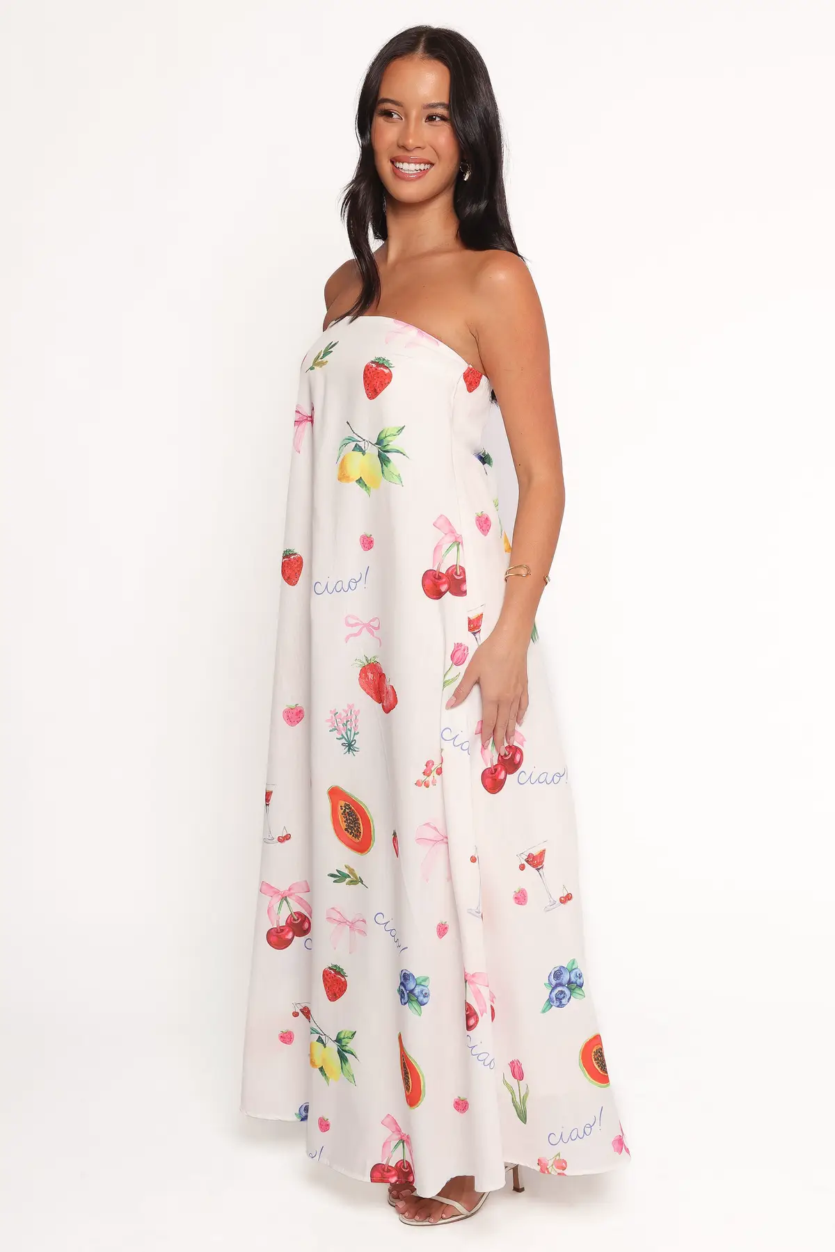 Strapless Bow Print Straight Neck Maxi Dress