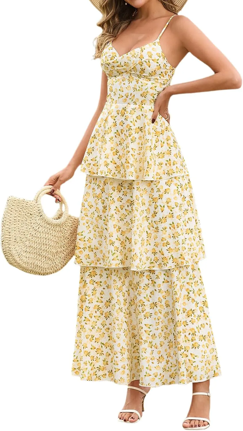 Floral Ruffle Tiered Backless Maxi Wedding Guest Dress
