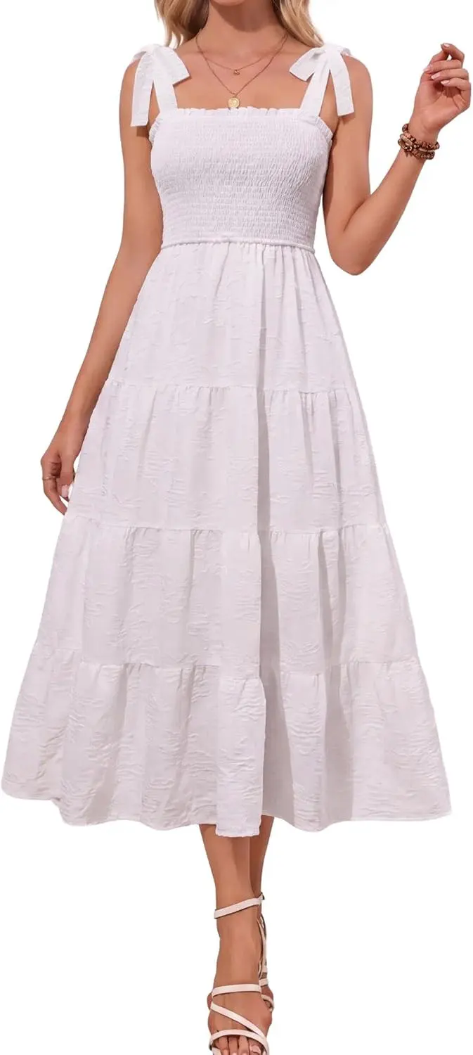 Women's Rayon Maxi Beach Dress - Spaghetti Strap Smocked Back A-Line Sundress with Pockets