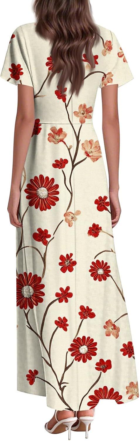Modest Floral Short Sleeve V Neck Empire Waist Tiered Maxi Dress