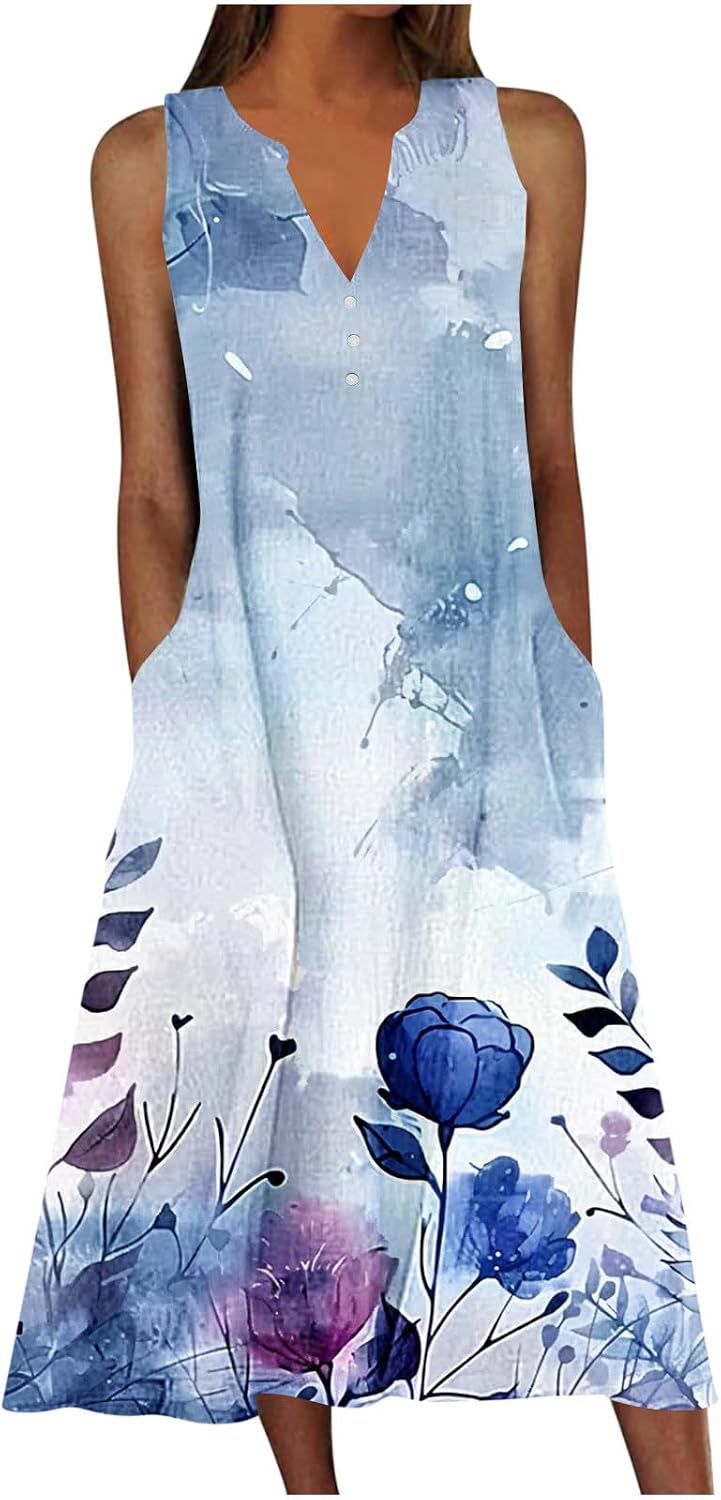 Vintage Floral Print Sleeveless V Neck Button Front Long Dress