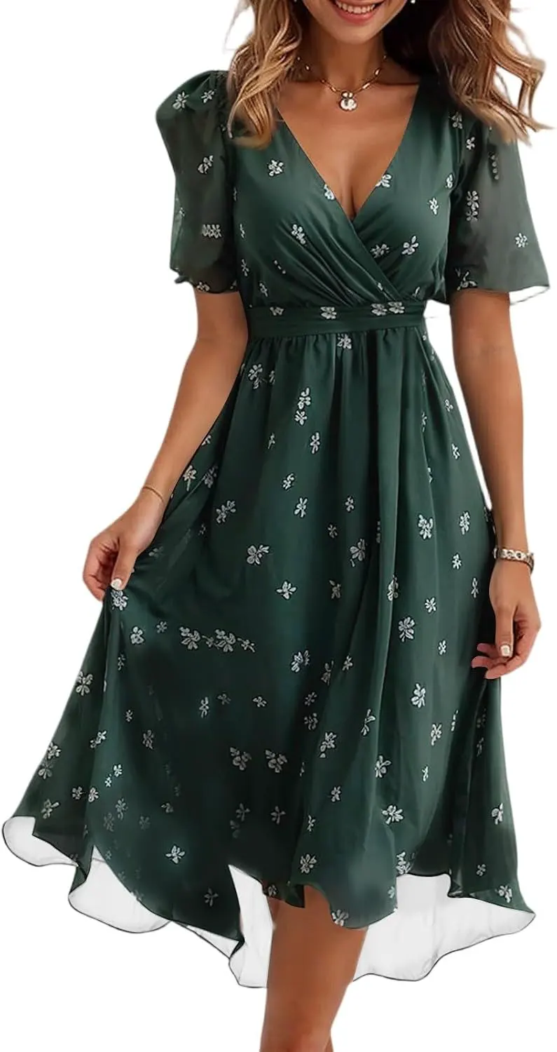 Boho Floral Print Chiffon V Neck Belted Midi Dress