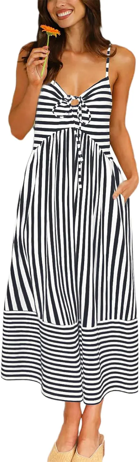 Striped Tie Front Smocked Back Maxi Sundress with Pockets