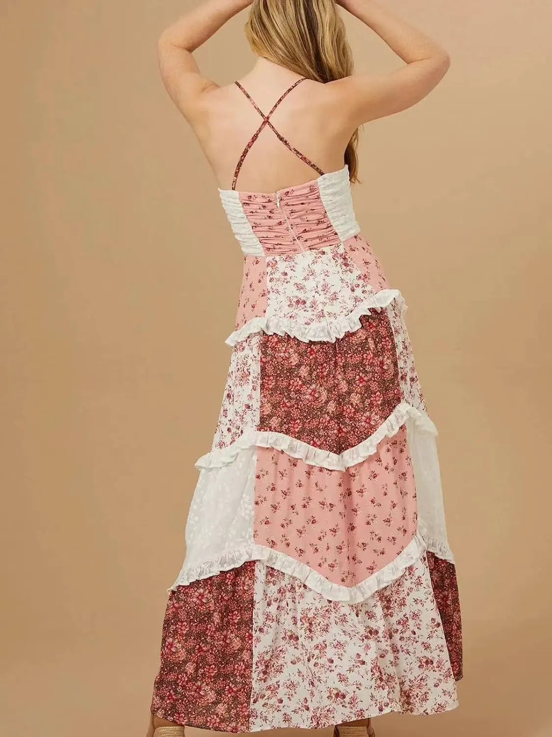 Lace Patchwork Criss Cross Backless Tiered Maxi Dress