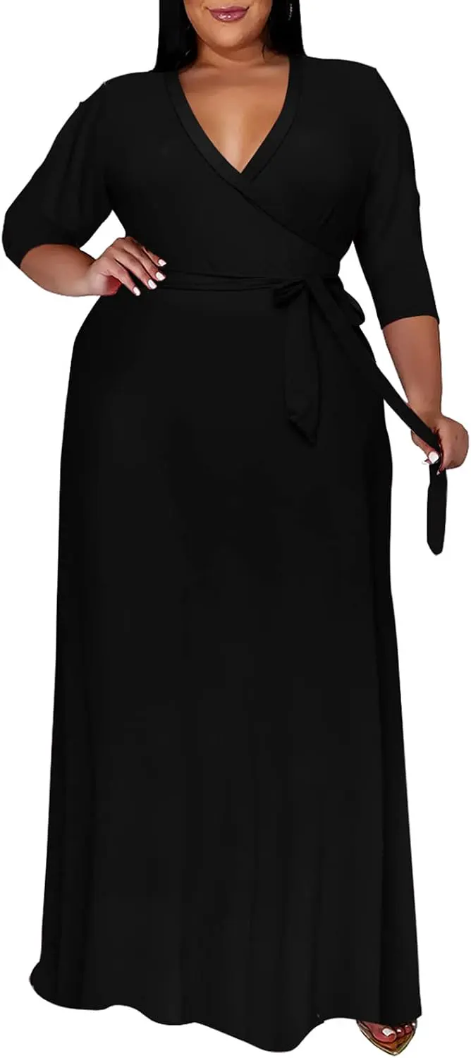Plus Size Wrap Maxi Dress with Belt and Pockets