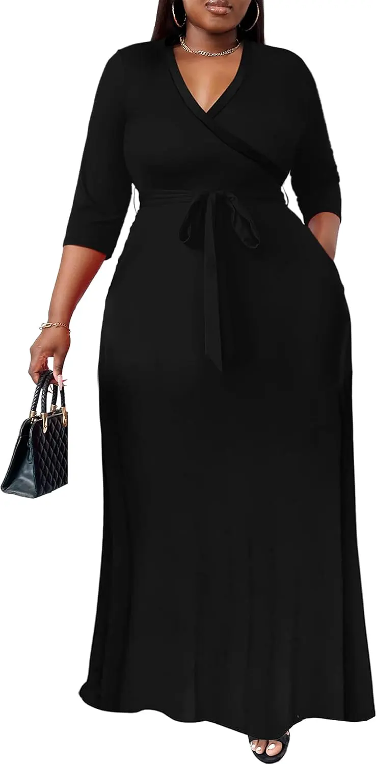 Plus Size Wrap Maxi Dress with Belt and Pockets