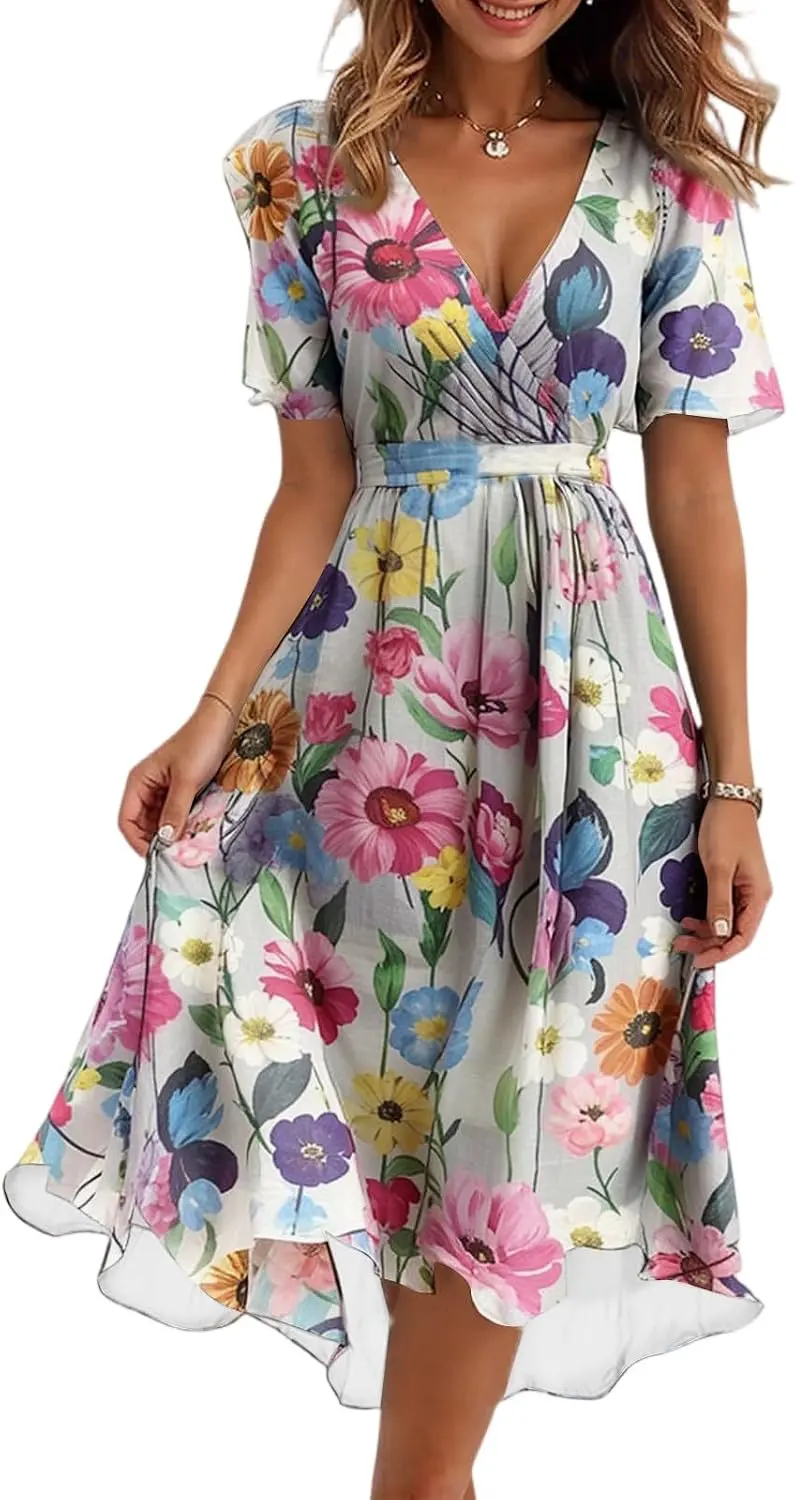 Boho Floral Print Chiffon Belted Midi Dress
