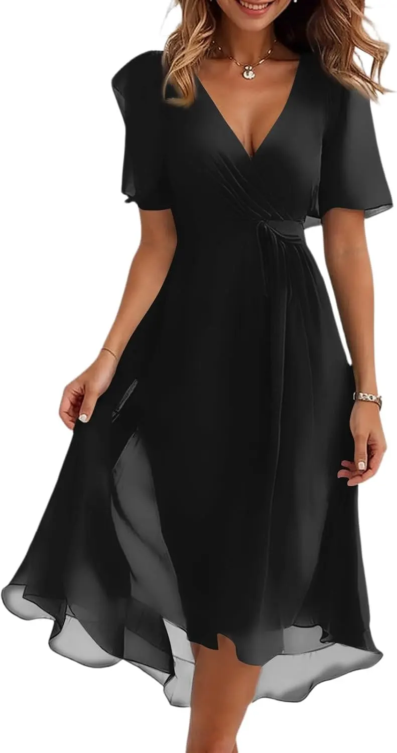 Boho Floral Print Chiffon V Neck Belted Midi Dress