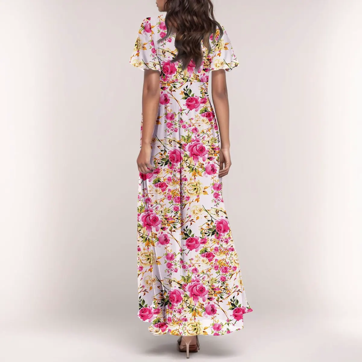 Floral Print Flutter Sleeve V Neck A Line Maxi Dress