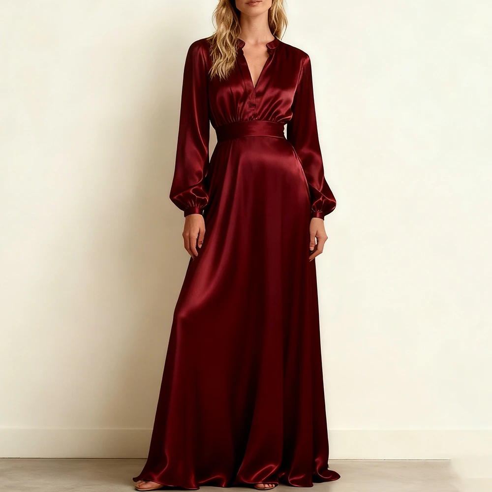 Custom Manufacturer Lady High Waist V-neck Long Sleeve Clothing Women Elegant Casual Formal Stain Dresses