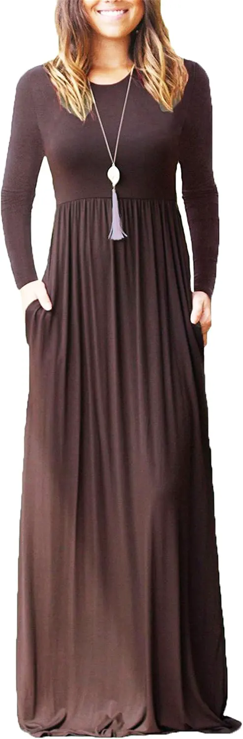 Casual Floral Print Long Sleeve Maxi Dress with Pockets