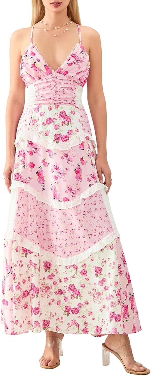 Boho Floral Print Spaghetti Strap Tiered Maxi Dress