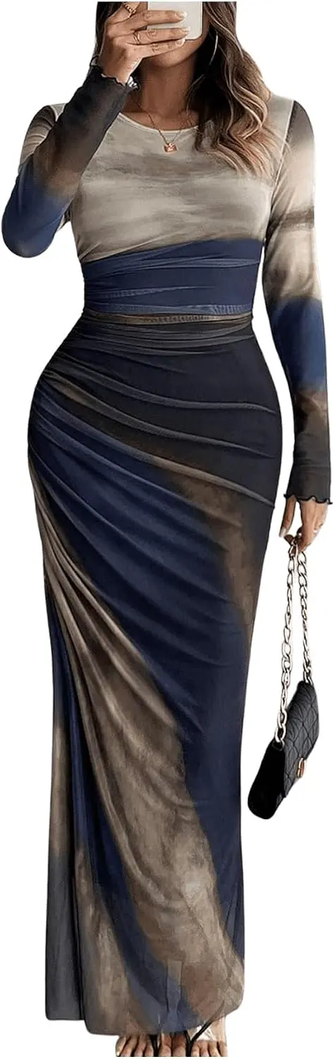 Long Sleeve Tie Dye Mesh Ruched Maxi Dress