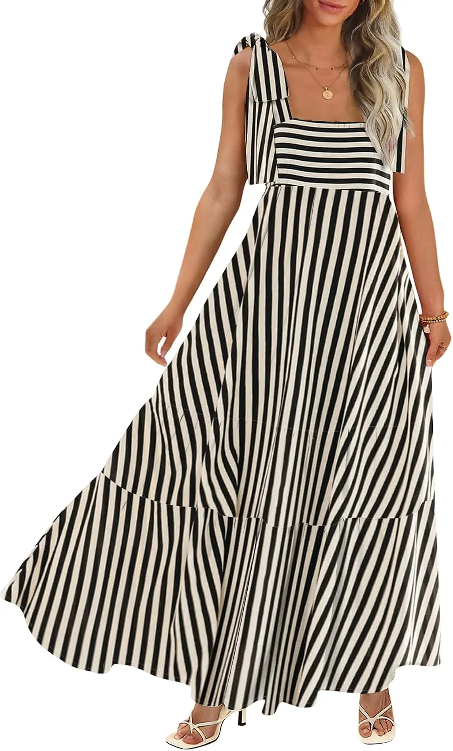 Boho Smocked Square Neck Tie Strap Maxi Sundress with Pockets