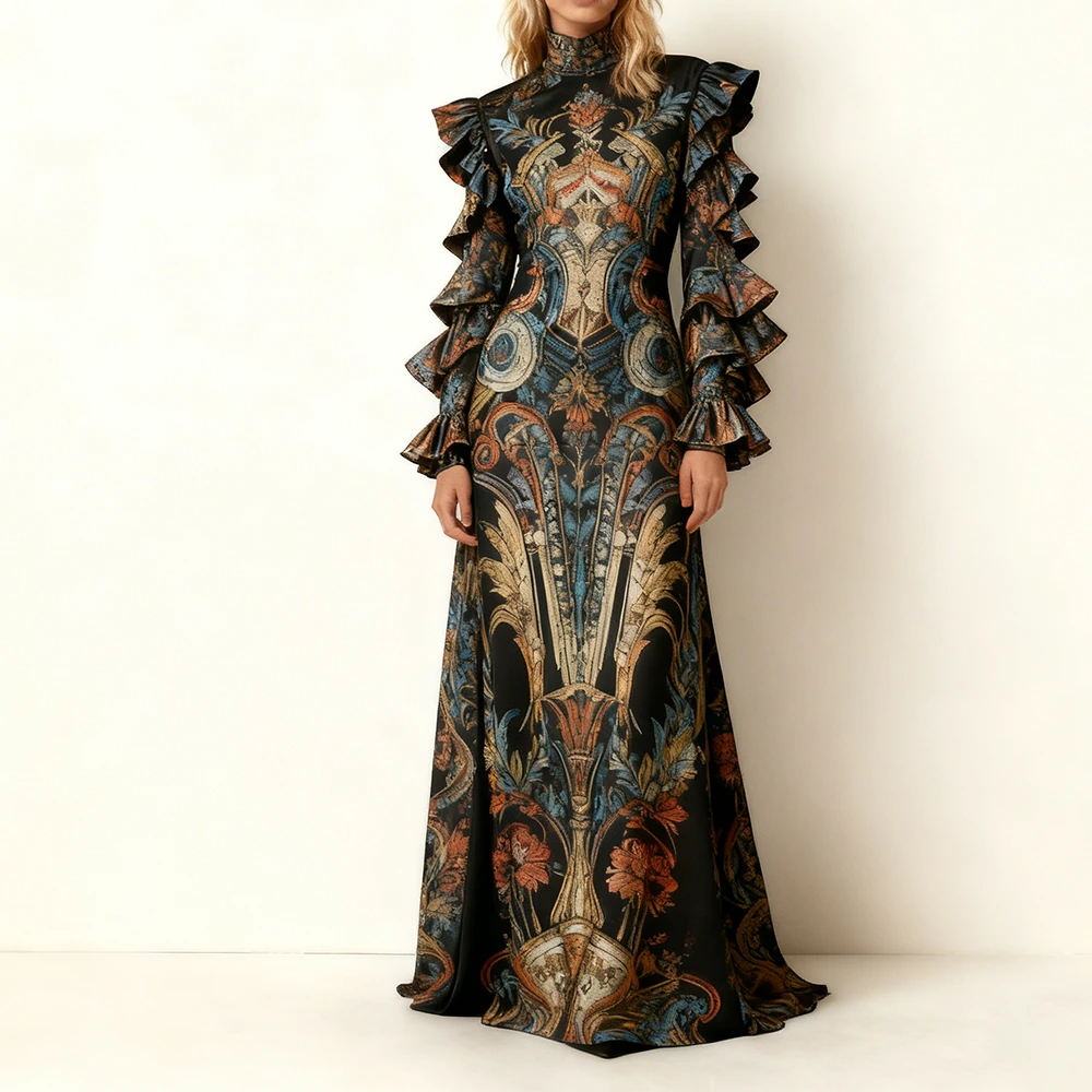 Summer Floral Print Dress Long Sleeve Flowy Line Ruffle Outfit Ruffle Maxi Dress