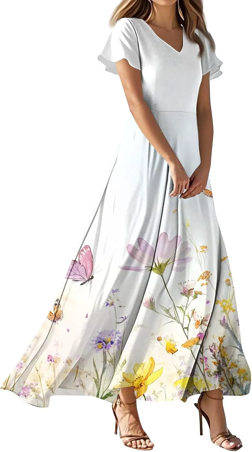 Modest Floral Short Sleeve V Neck Empire Waist Tiered Maxi Dress