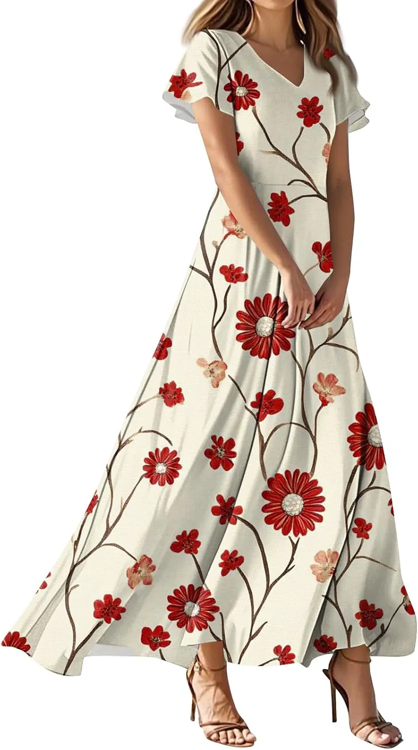 Modest Floral Print Empire Waist Short Sleeve Maxi Dress