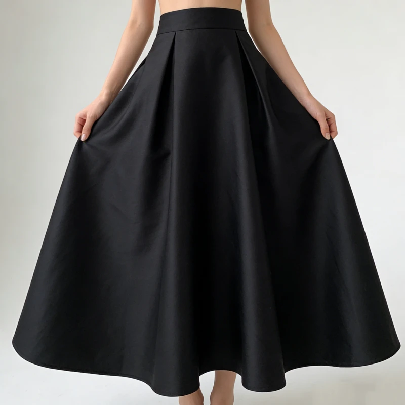Elegant Black High Waist Wide Flare Flowy Fabric Maxi Skirt line Pleated Elastic Waist Casual Daily Skirts