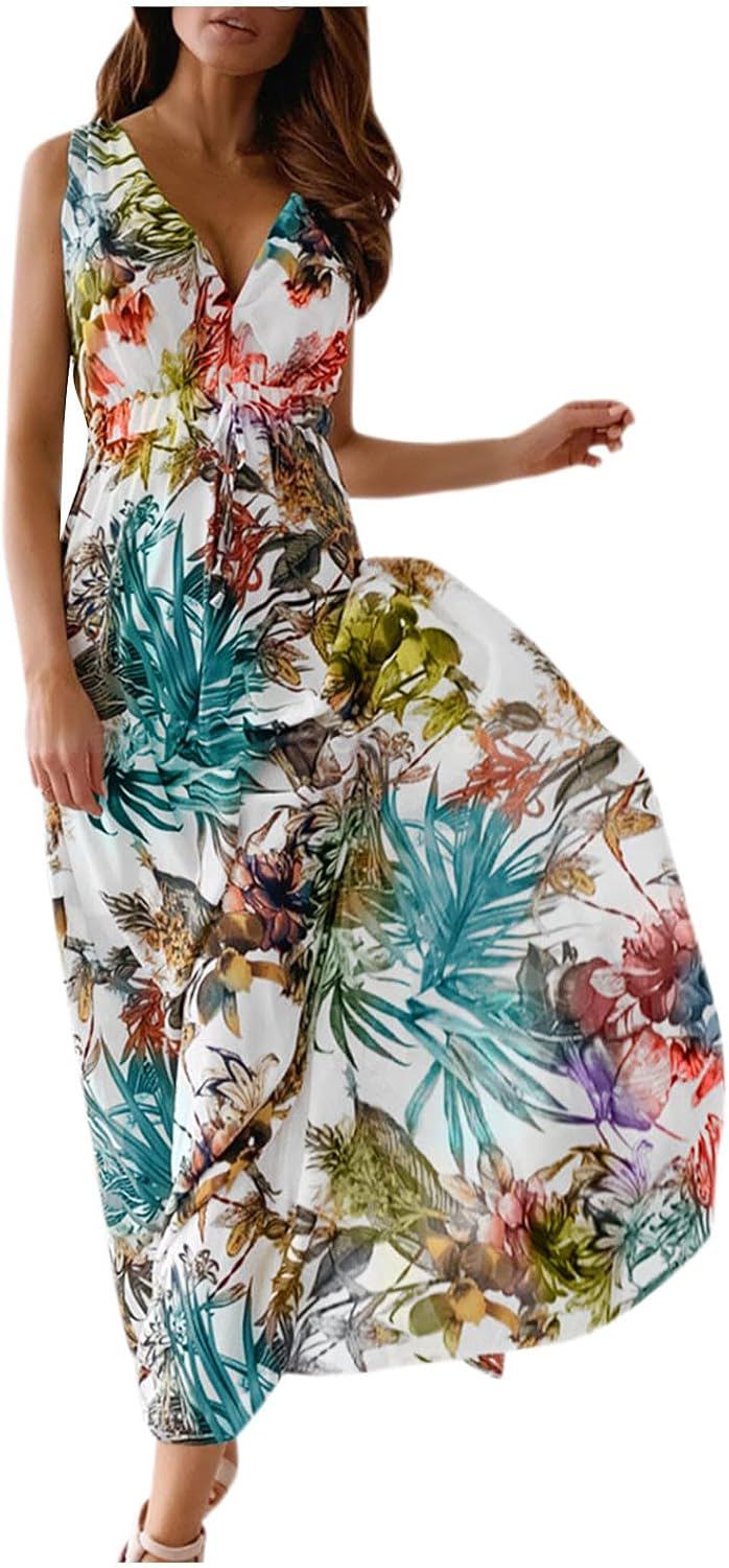 Boho Floral V Neck Wrap Chiffon Maxi Dress