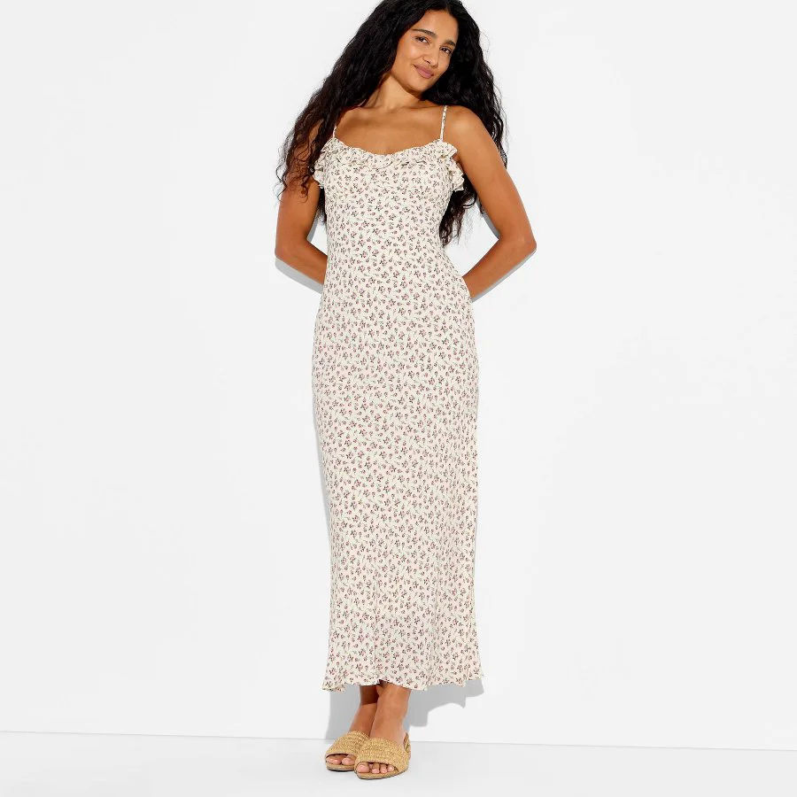 Floral Ruffle Trim Maxi Slip Dress - Adjustable Spaghetti Strap Empire Bodice Bias Column Dress