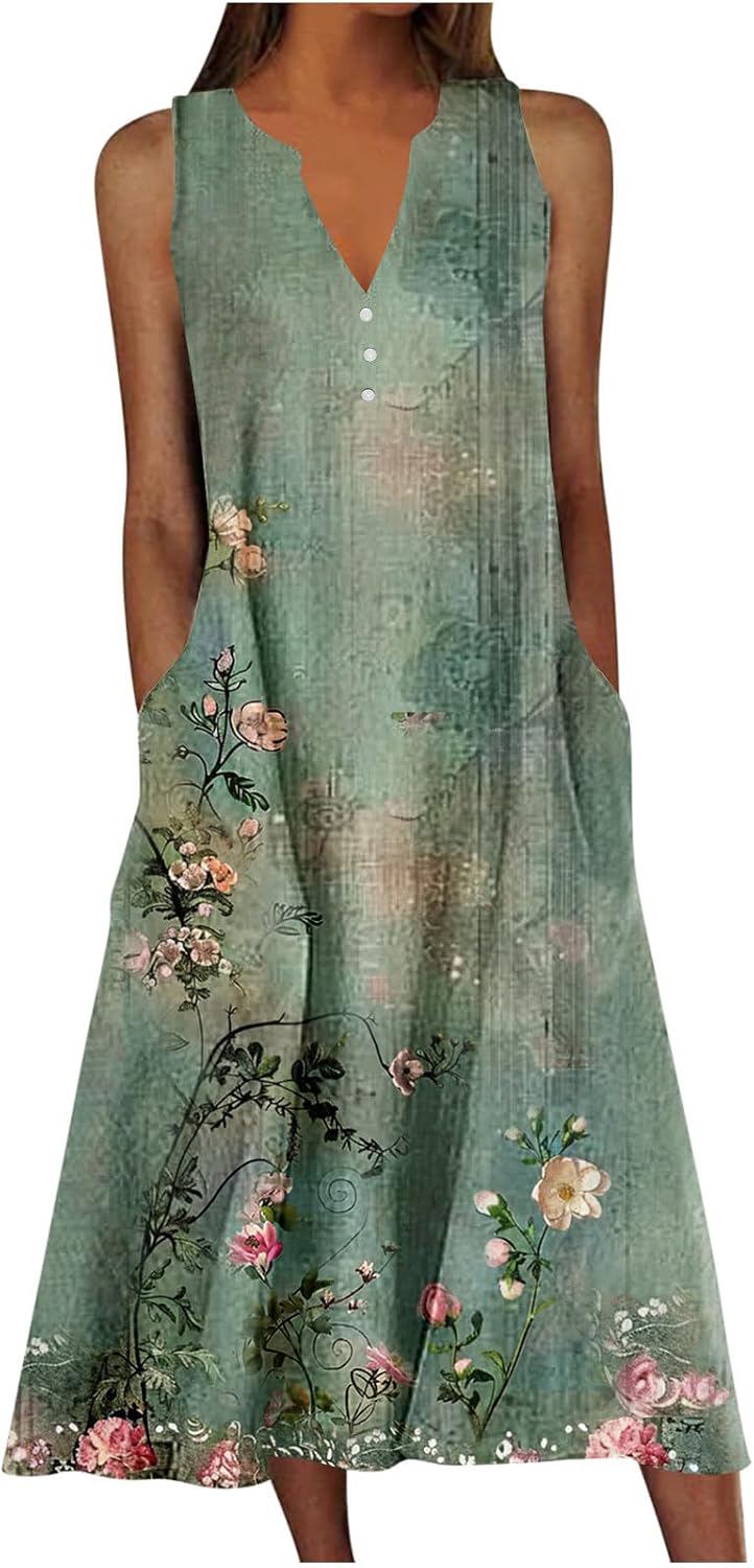 Vintage Floral Print Sleeveless V Neck Button Front Long Dress