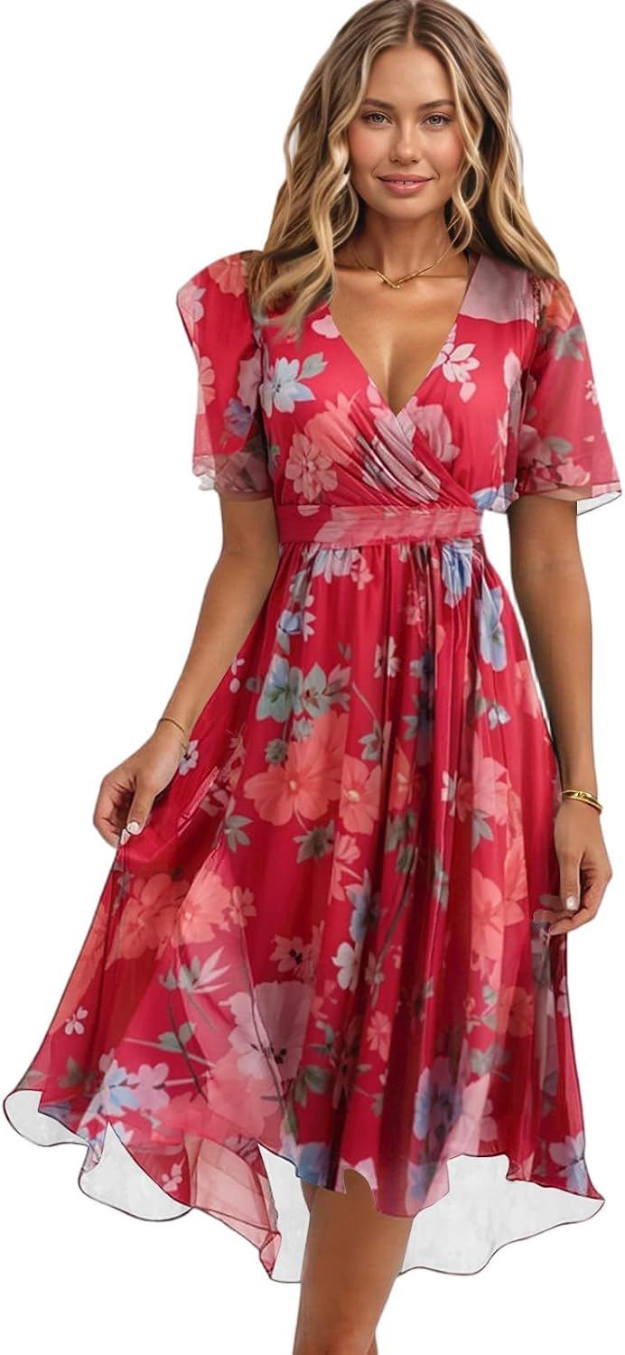 Boho Floral Print Chiffon V Neck Belted Midi Dress