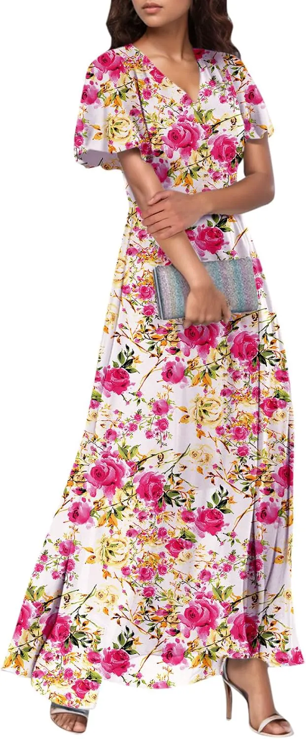 Floral Print Flutter Sleeve V Neck A Line Maxi Dress