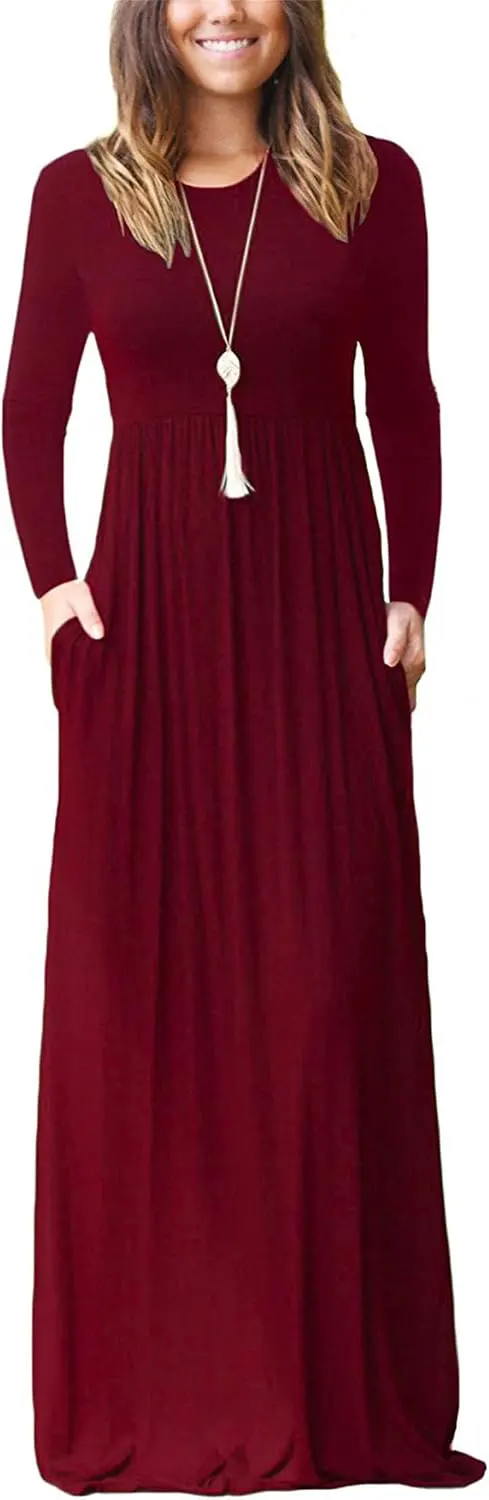 Casual Floral Print Long Sleeve Maxi Dress with Pockets