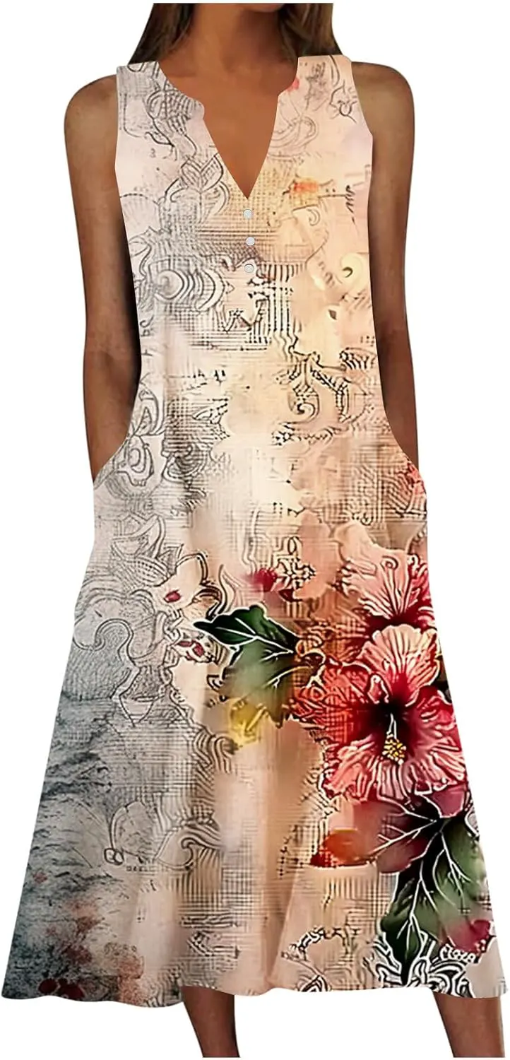 Vintage Floral Print Sleeveless Midi Dress