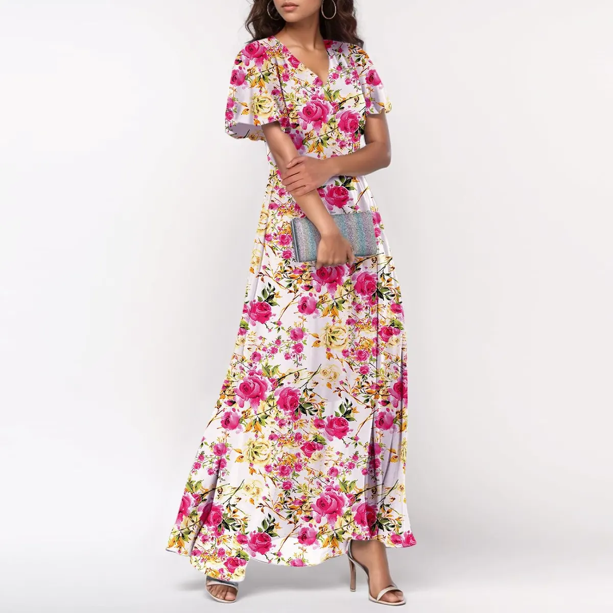 Floral Print Flutter Sleeve V Neck A Line Maxi Dress