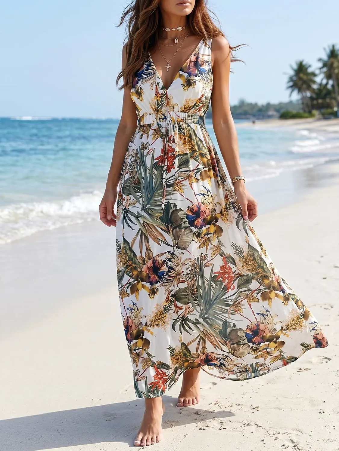 Boho Floral Print Backless Drawstring Waist Maxi Dress