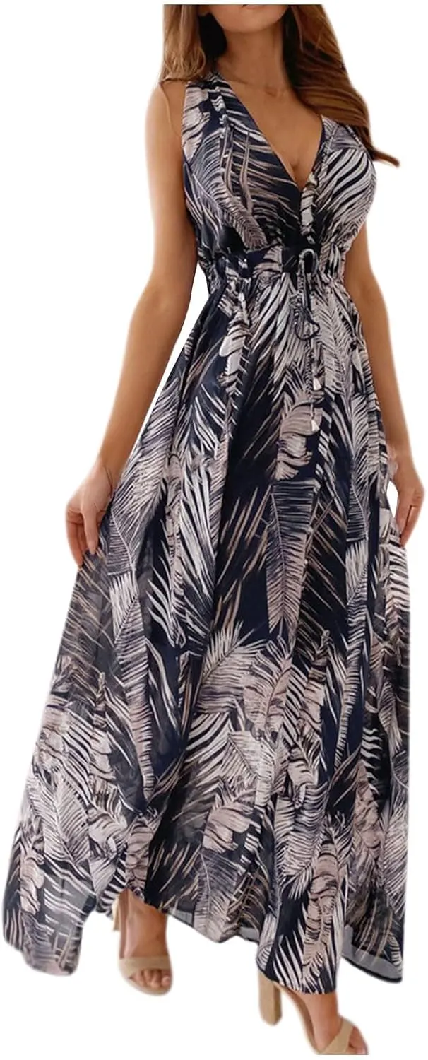 Boho Floral V Neck Wrap Chiffon Maxi Dress