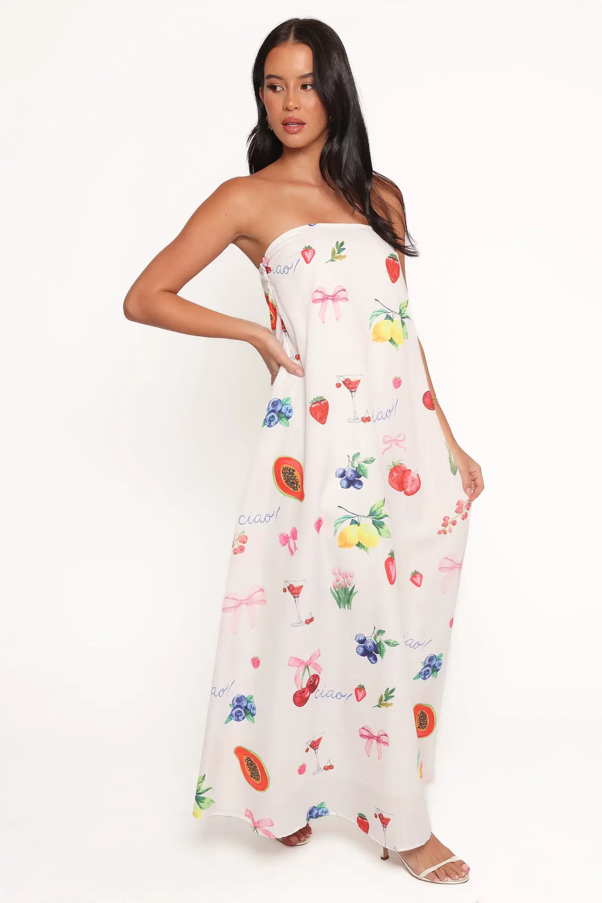 Strapless Bow Print Straight Neck Maxi Dress