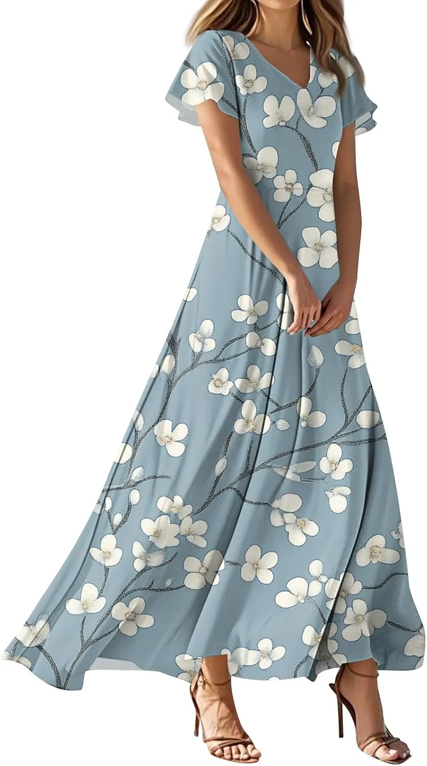 Modest Floral Short Sleeve V Neck Empire Waist Tiered Maxi Dress
