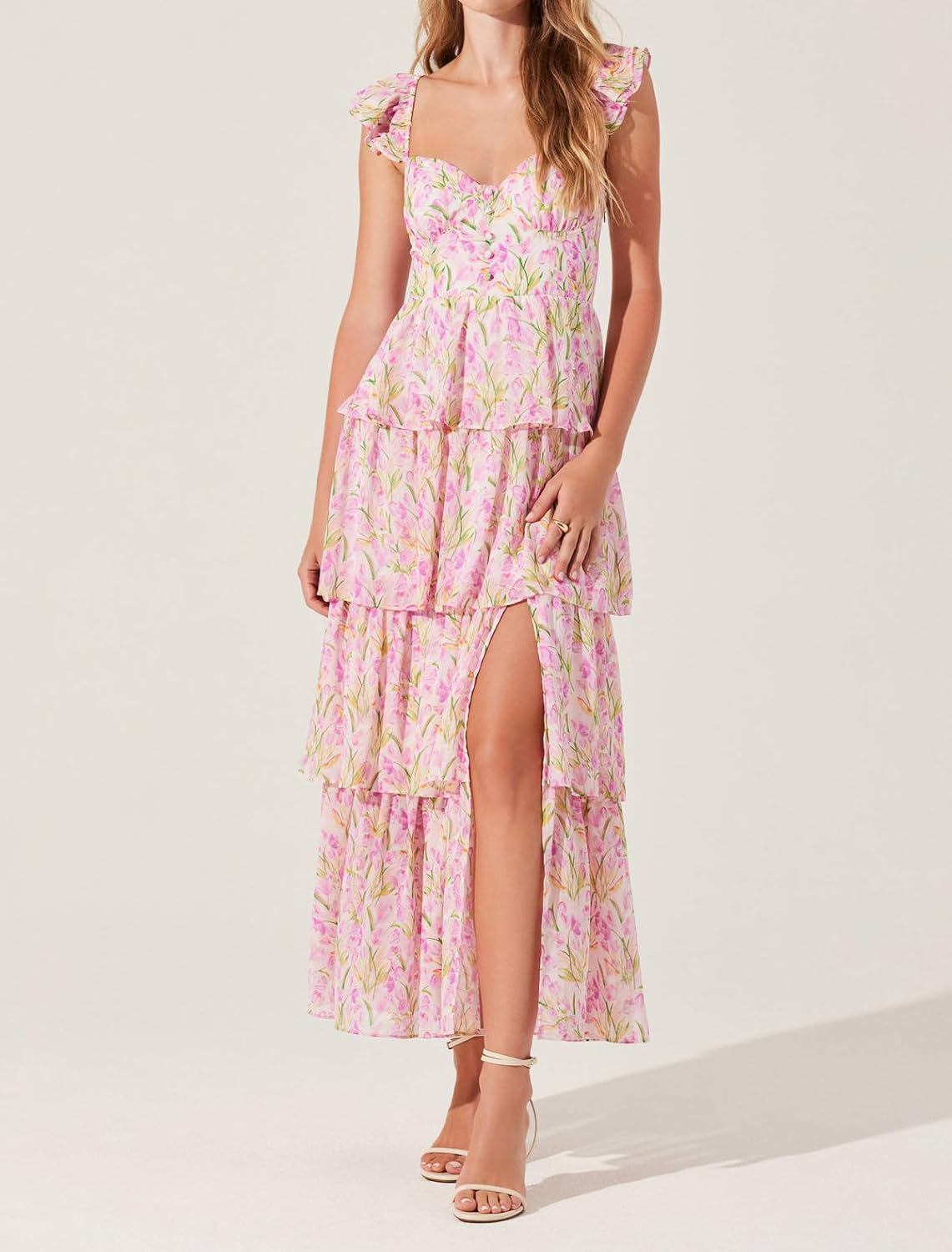 Women's Boho Floral Print Spaghetti Strap Tiered Maxi Dress, Y2K Flowy Summer Beach Sundress with Side Slit