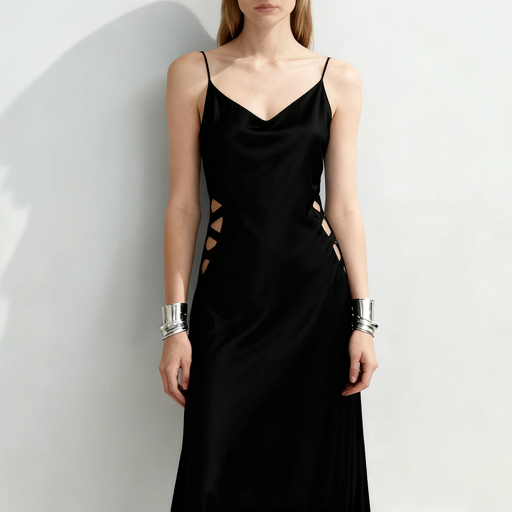 OEM Clothing 2025 Trendy Cutout Twill Midi Dress Branded Design Straps Women'S Elegant Long Dress for Girls