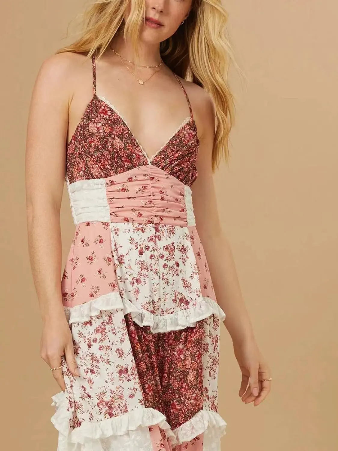 Lace Patchwork Criss Cross Backless Tiered Maxi Dress