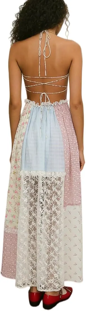 Boho Embroidered Maxi Dress - Sleeveless Square Neck Backless A-Line Flowy Sundress