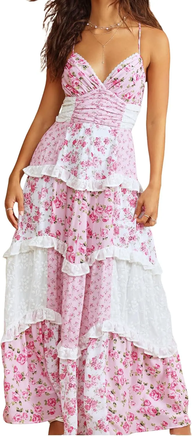 Lace Patchwork Criss Cross Backless Tiered Maxi Dress
