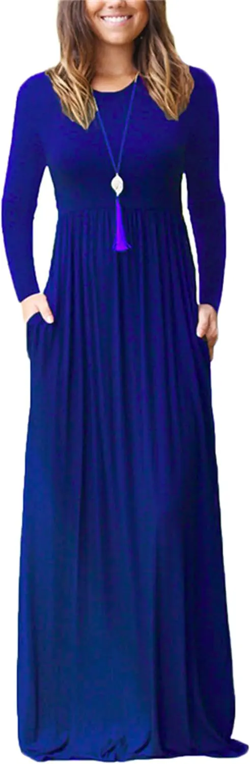 Casual Floral Print Long Sleeve Maxi Dress with Pockets