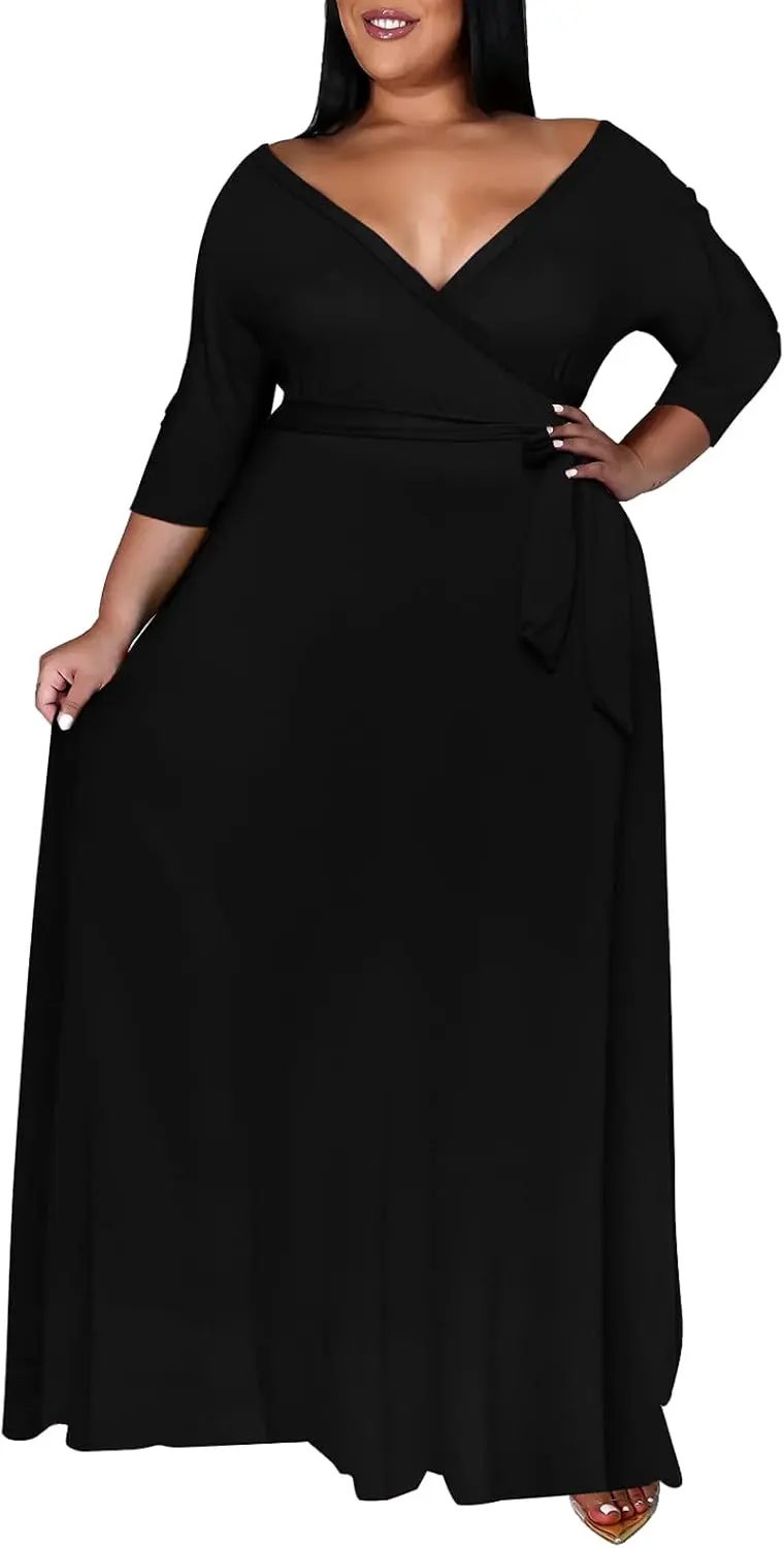 Plus Size Wrap Maxi Dress with Belt and Pockets